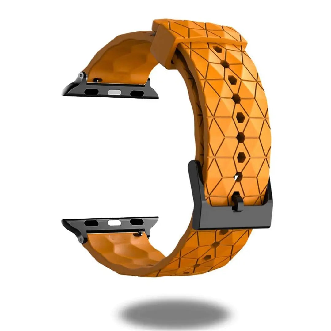 Orange silicon rugged Apple Watch band with geometric pattern, ideal for soccer lovers and active lifestyles.