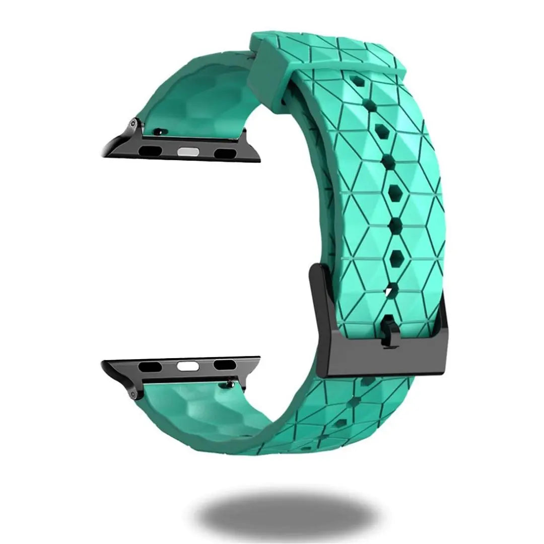 Silicon rugged Apple Watch band in turquoise with hexagonal pattern and black connectors, perfect for soccer lovers.