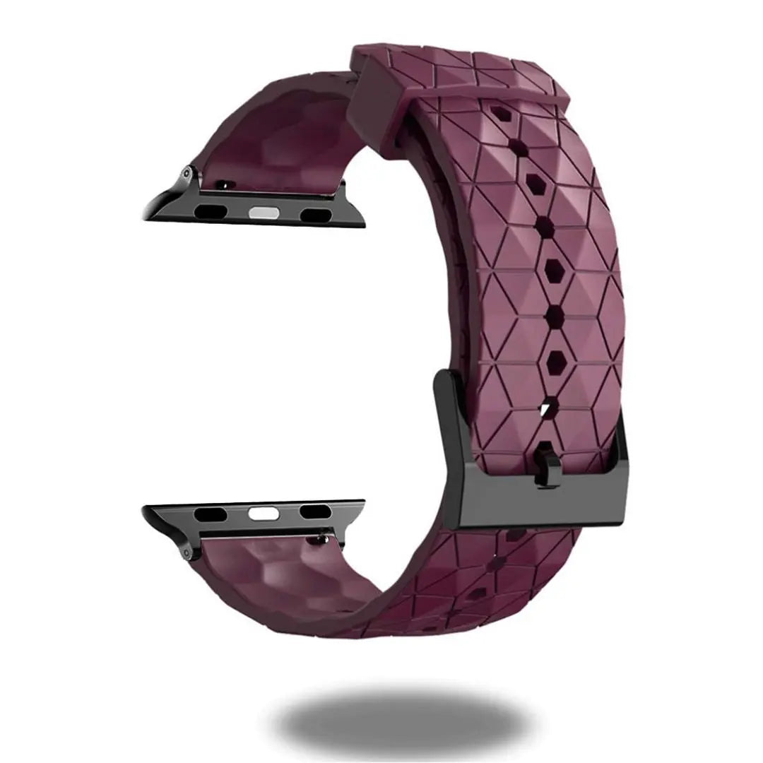 Silicone rugged Apple Watch band in purple with hexagonal pattern for sporty style and durability, perfect for soccer lovers.