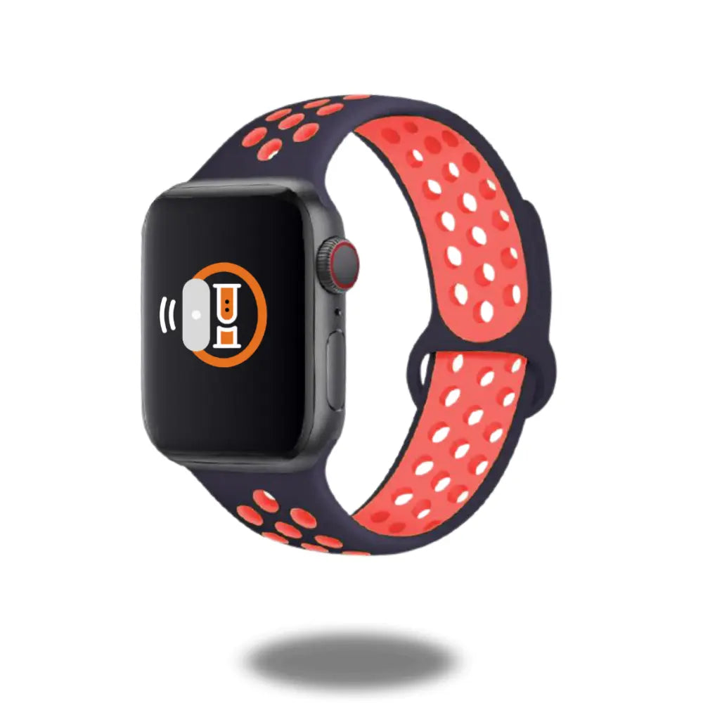 Silicon Nike style sport band for Apple Watch in navy and coral color, breathable and waterproof for workouts.