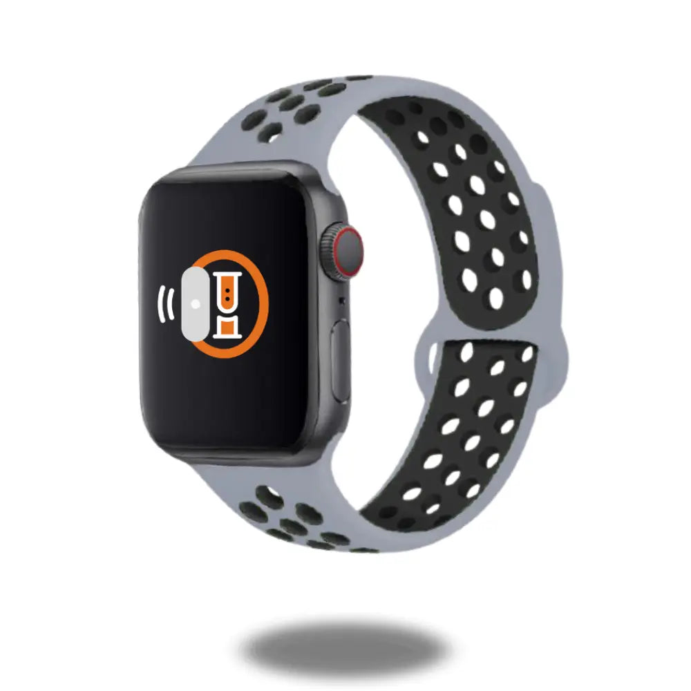 Silicon Sport Nike Style Apple Watch band in grey, waterproof and breathable, ideal for workouts and daily wear.