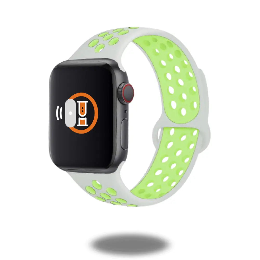Nike-style silicone sport bands for Apple Watch in green and white, breathable, durable, and comfortable for workouts.