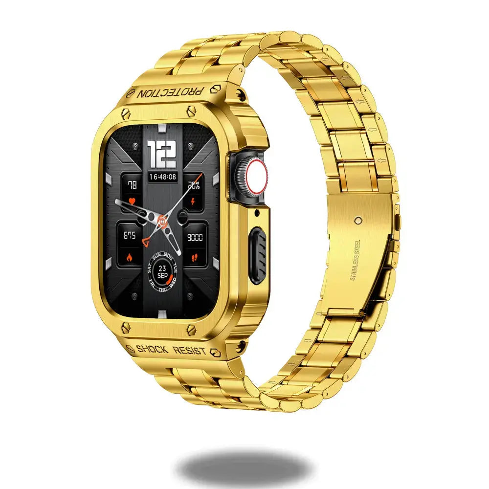 Gold stainless steel Apple Watch bracelet with double button clasp, combining style and protection for everyday wear.