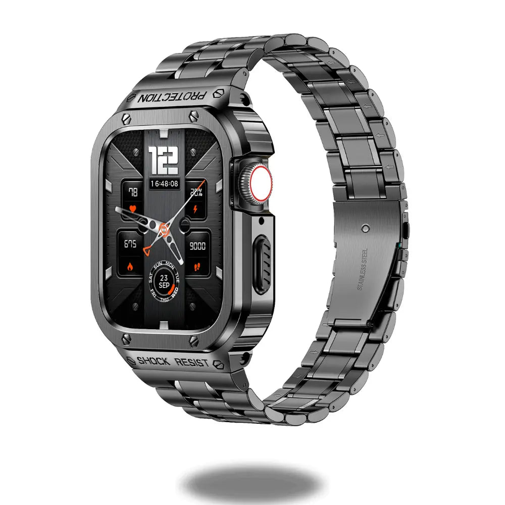 Stainless steel bracelet and case for Apple Watch; stylish, durable, and shock-resistant design with advanced functionality.