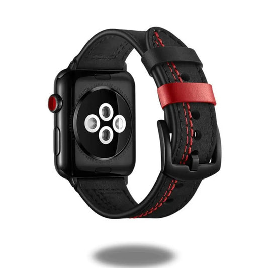 Stylish leather Apple Watch band featuring black and red design, perfect for a vintage retro look.