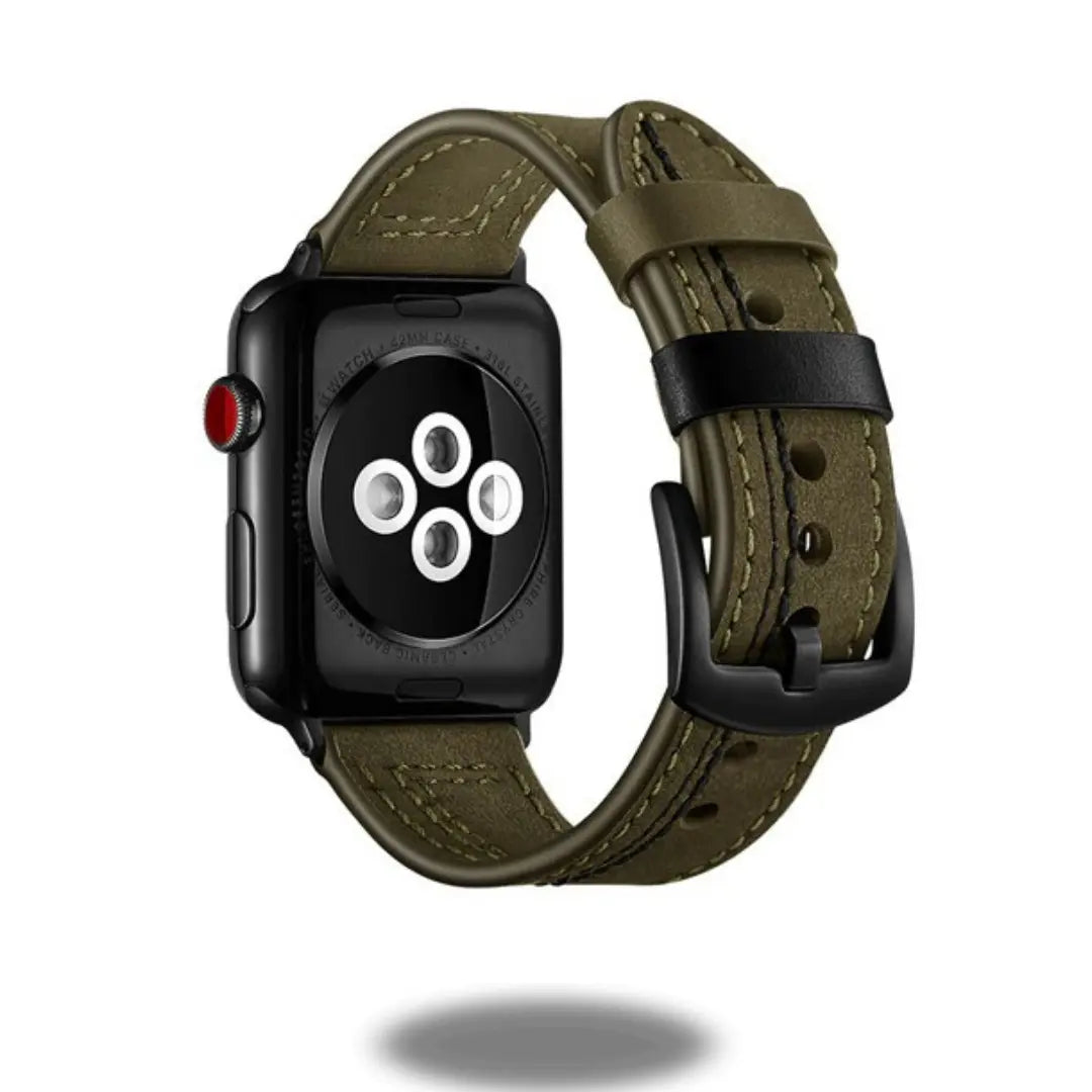 Stylish leather Apple Watch band in olive green, featuring premium genuine leather and meticulous stitching for a vintage look.