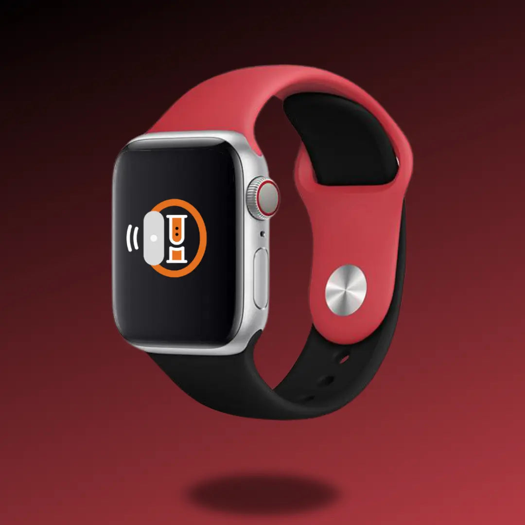 Silicon sport band in red and black on smartwatch, lightweight, waterproof, breathable fluoroelastomer for athletes.
