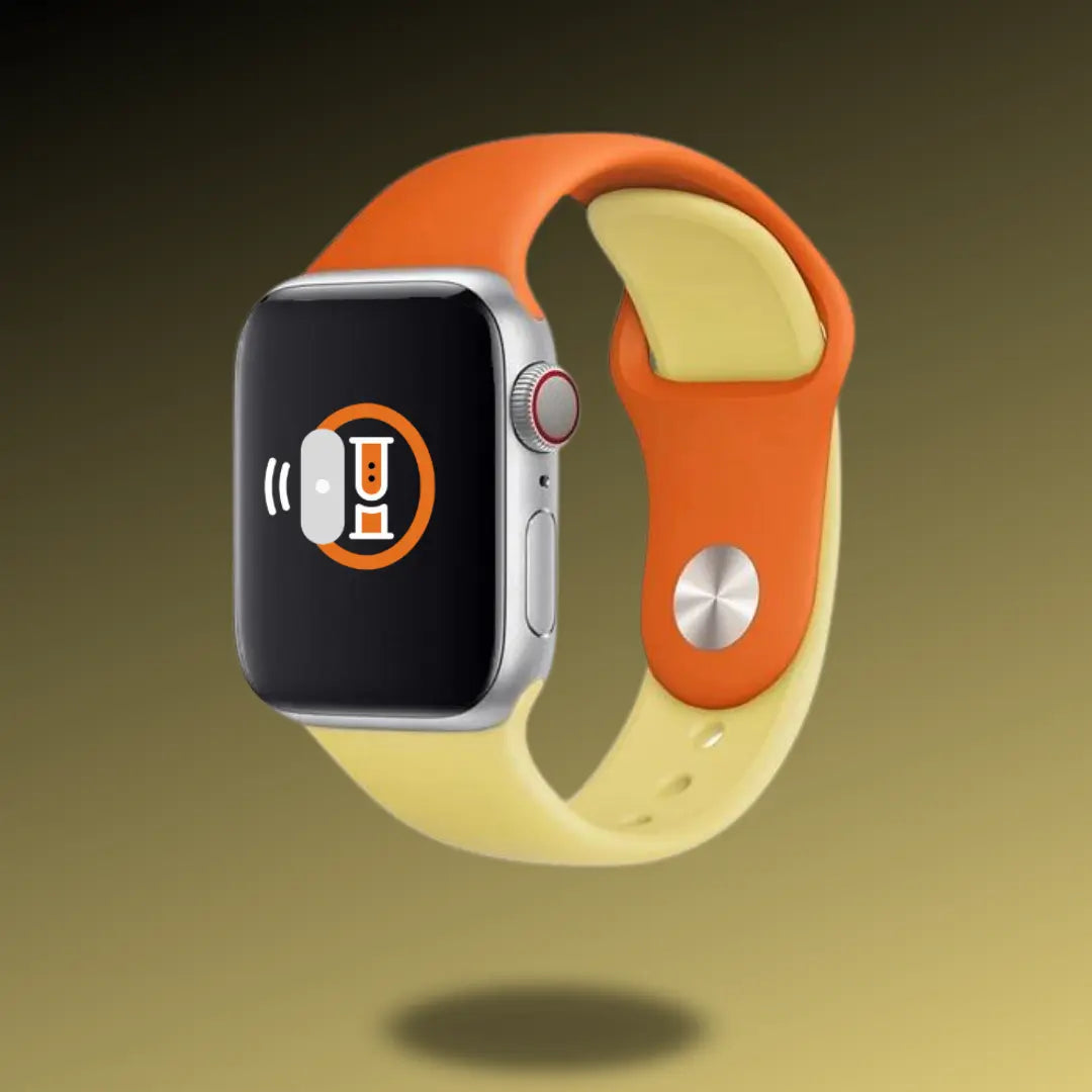Silicon sport bands in two-tone orange and yellow for Apple Watch, lightweight, waterproof, and breathable for athletes.