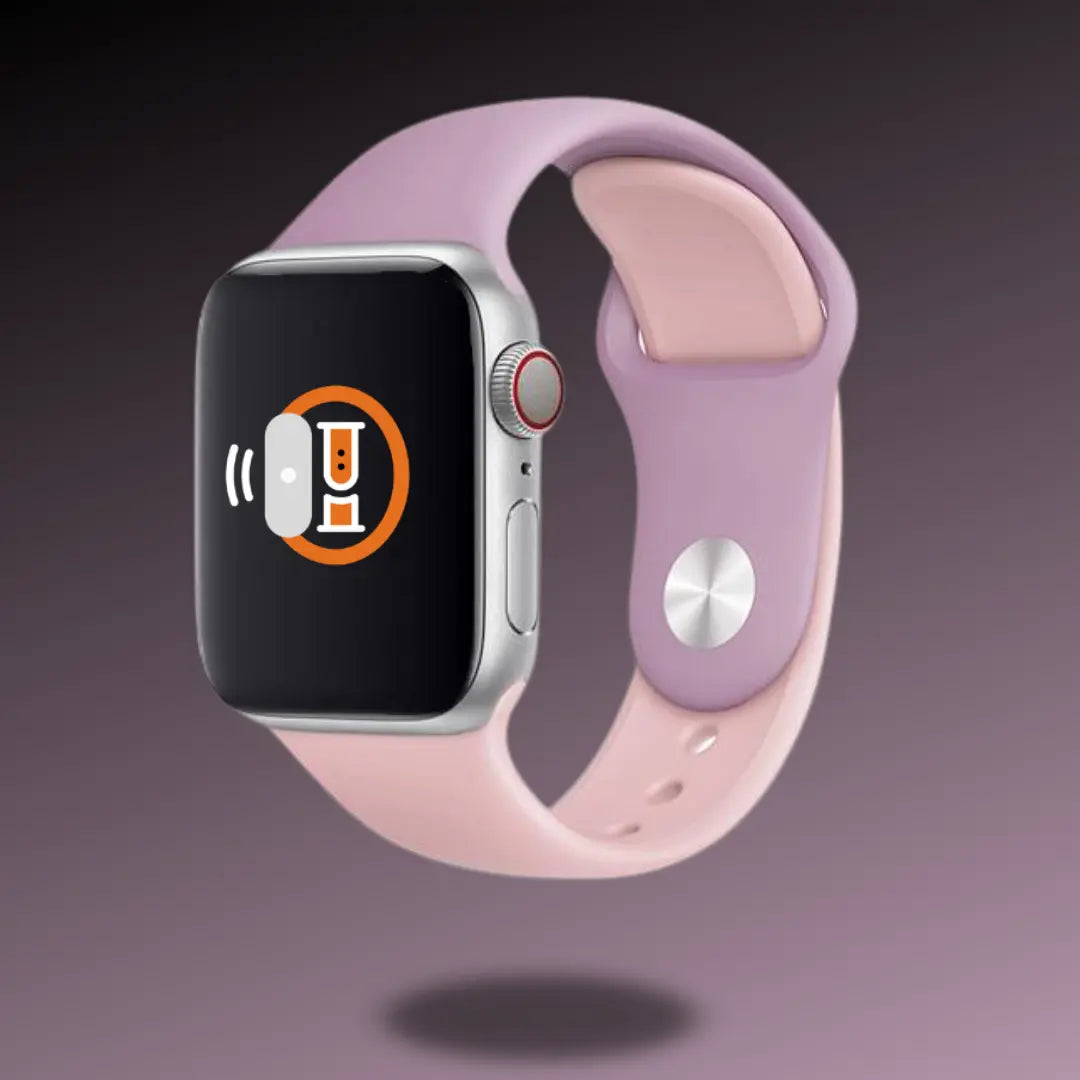 Silicon sport band in pink and lavender for smartwatches, lightweight, waterproof, and breathable design for athletes.