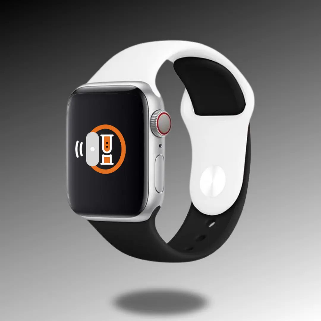 Silicon two-tone sport band on smartwatch, lightweight, waterproof, and breathable for athletic comfort.