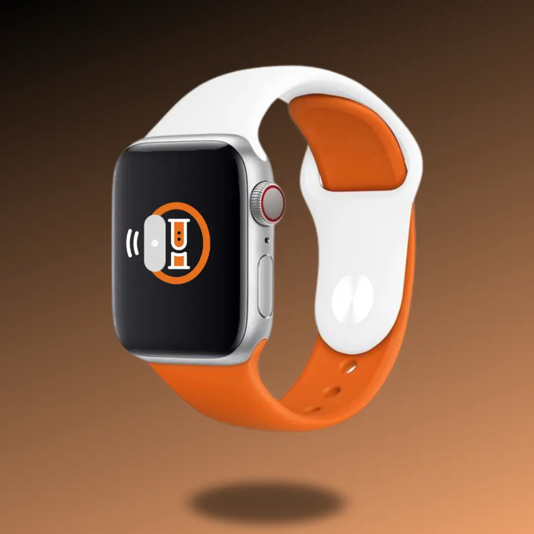 Silicon sport band in two-tone orange and white on a smartwatch, showcasing a lightweight, waterproof design for athletes.