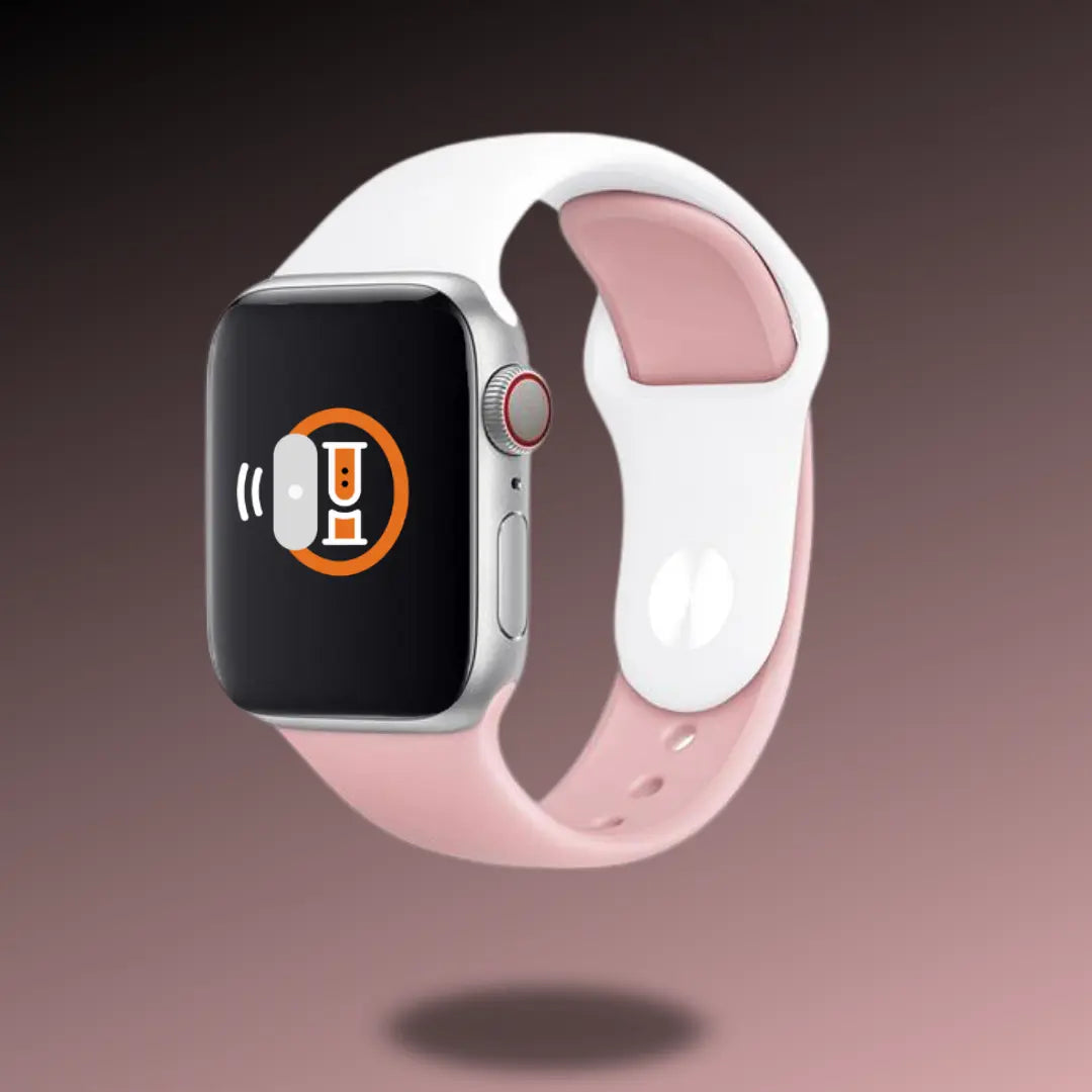 Silicon sport bands in two-tone pink and white on smartwatch, lightweight and waterproof for active lifestyles.
