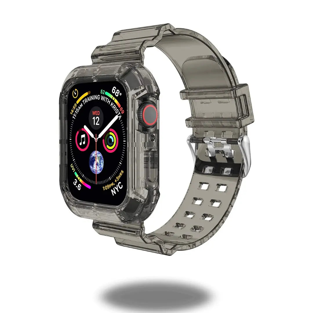 Transparent TPU strap for Apple Watch, featuring a clear design for 360-degree protection and all-day comfort.
