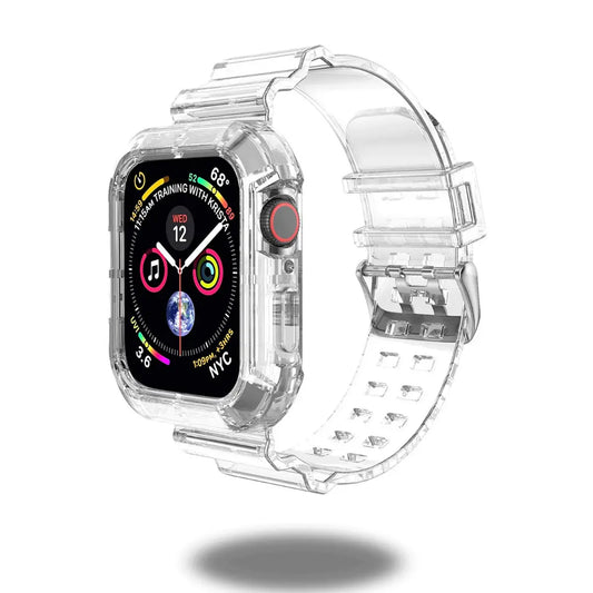 Transparent TPU strap for Apple Watch showcasing 360-degree protection and modern, flexible design.