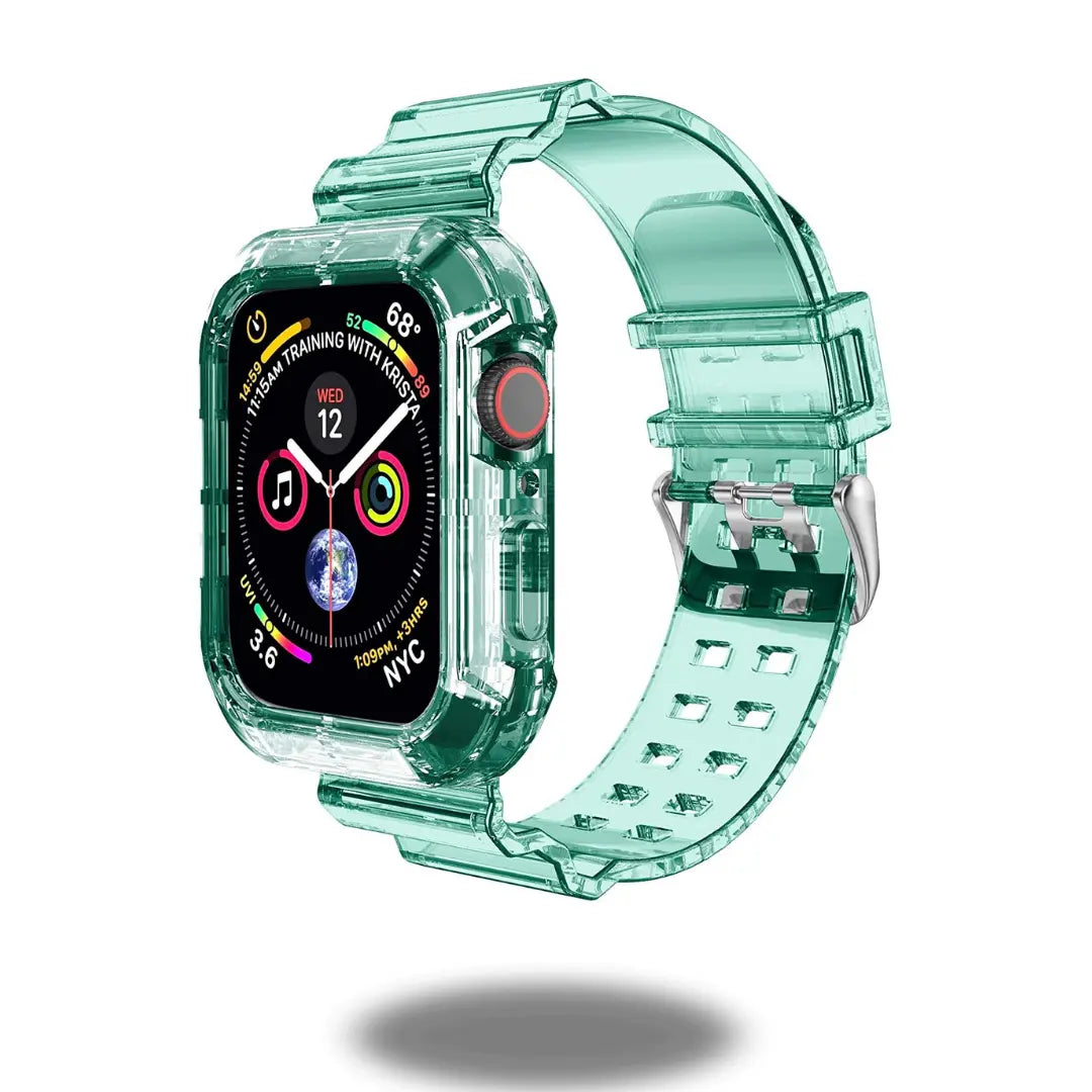 Transparent TPU strap for Apple Watch providing 360-degree protection with a modern, clear design, ensuring comfort and durability.