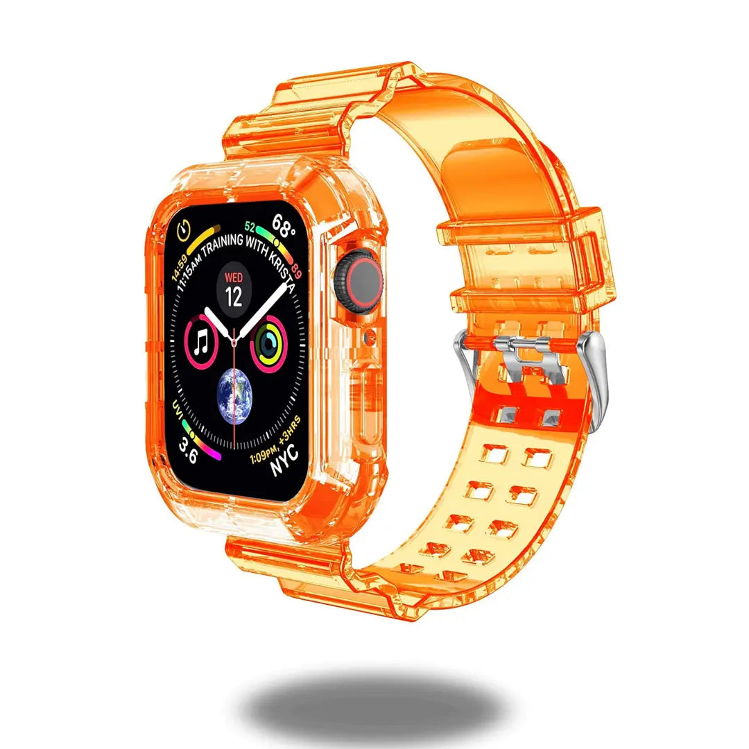 Transparent TPU strap for Apple Watch featuring a vibrant orange design and 360-degree protection for all-day comfort.
