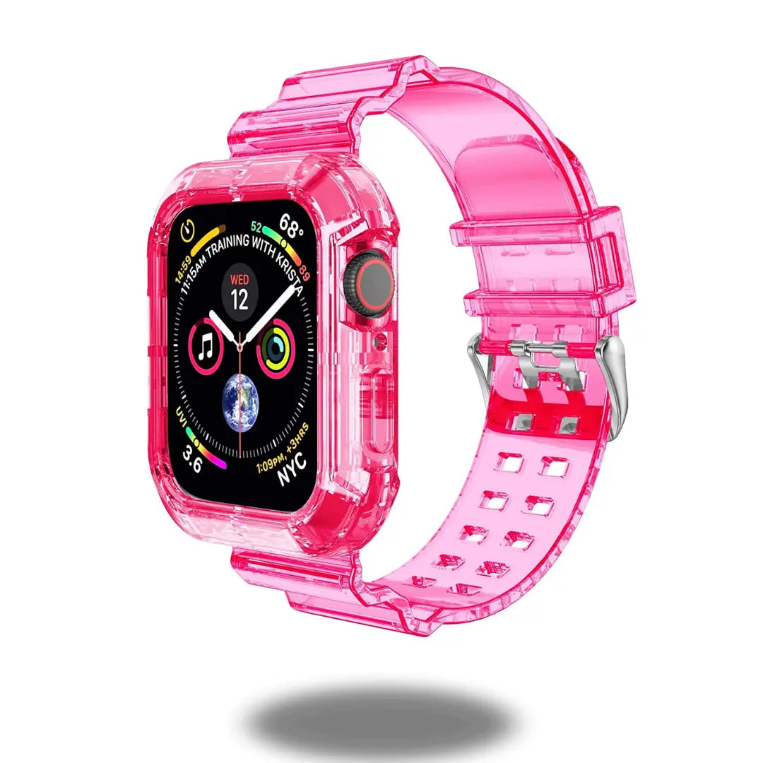 Transparent pink TPU strap for Apple Watch, offering 360-degree protection and modern style while ensuring all-day comfort.
