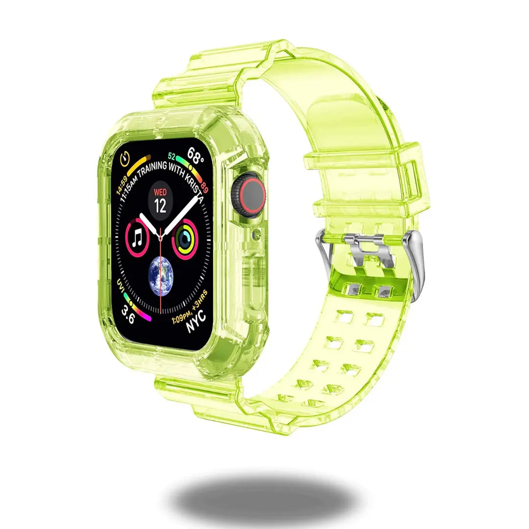 Transparent TPU strap for Apple Watch in bright yellow, providing 360-degree protection and modern style.