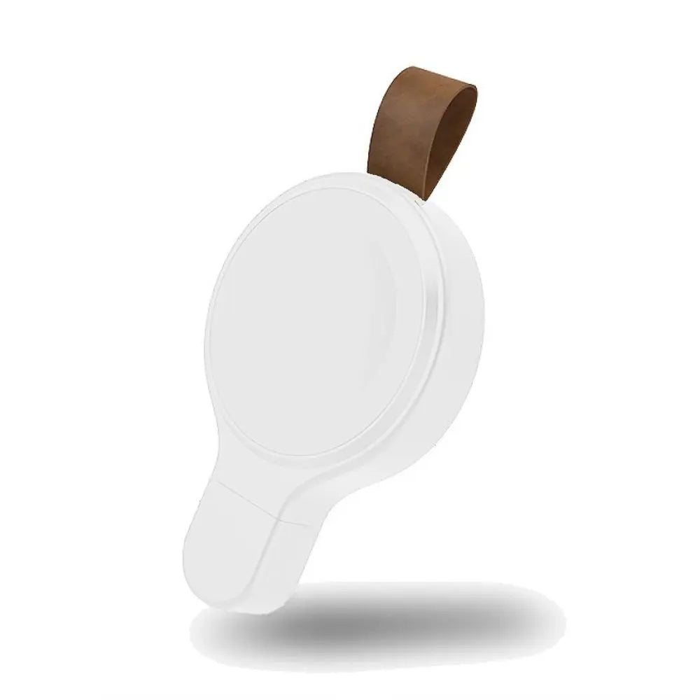 Wireless charger for Apple Watch, compatible with all Apple Watch Series, stylish design with brown strap.