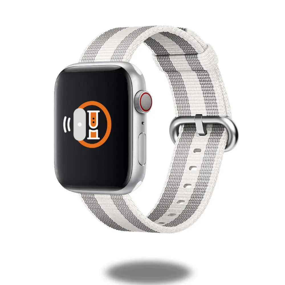 Woven nylon watch strap with stainless-steel buckle, stylish and comfortable for Apple Watch, easy attachment and removal.