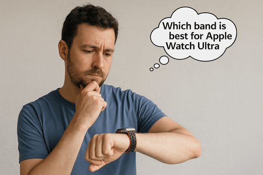 Man pondering which band is best for Apple Watch Ultra, showcasing a stylish smartwatch and thought bubble.