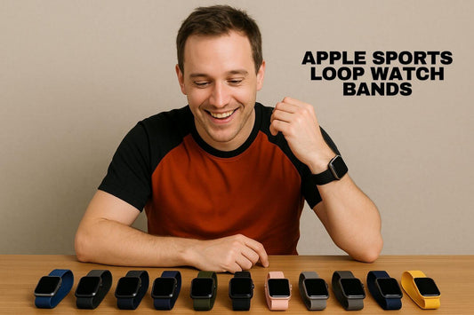 Man showcasing various Apple Sports Loop Watch Bands on a table, highlighting style and variety for active lifestyles.
