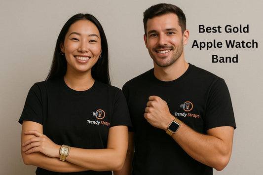 Couple showcasing trendy gold Apple Watch bands, promoting luxe styles for everyday use.