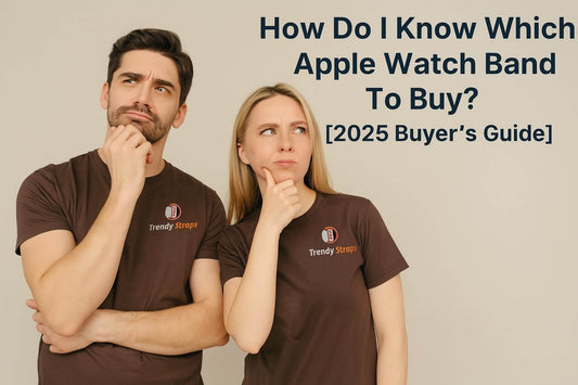 Two people pondering over which Apple Watch band to buy, featured in Trendy Straps' 2025 buyer's guide.