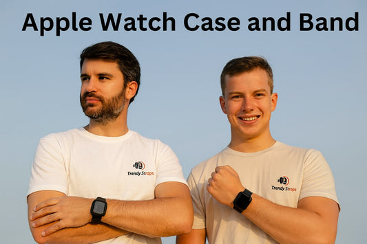 Two men showcasing Apple Watch cases and bands, highlighting styles and fit options in natural light.