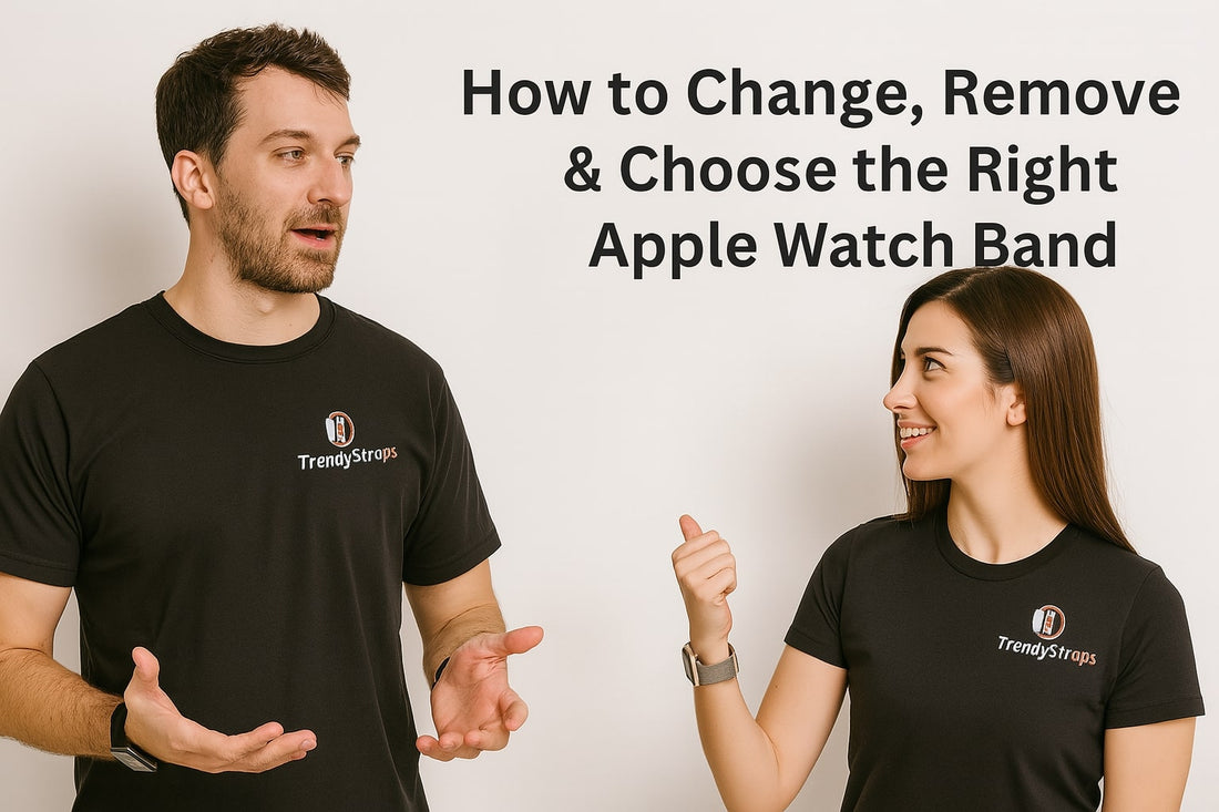 Two individuals discussing how to change and choose the right Apple Watch band in trendy shirts.