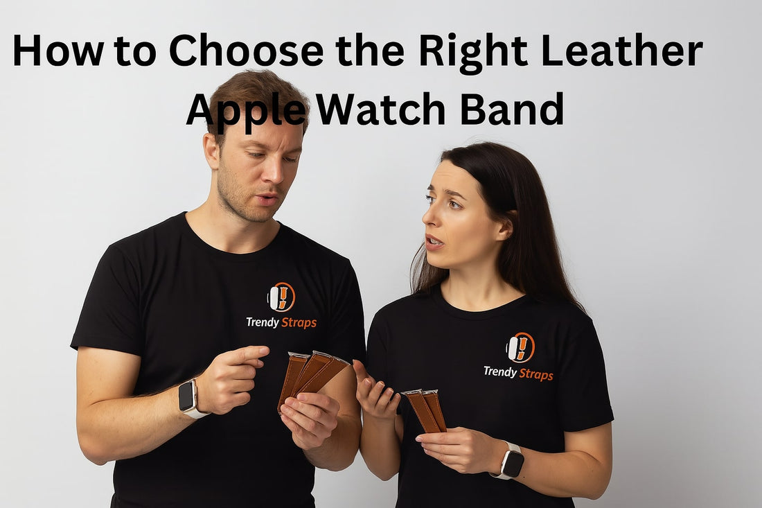 Two people discussing leather Apple Watch bands while holding different options, wearing Trendy Straps t-shirts.