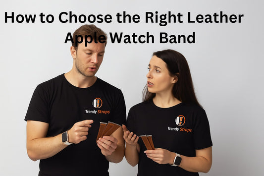 Two people discussing leather Apple Watch bands while holding different options, wearing Trendy Straps t-shirts.