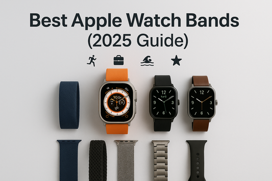 Best Apple Watch Bands 2025 Guide – silicone, nylon, stainless steel, leather, and sport loop straps displayed with Apple Watch models for running, swimming, work, and everyday wear.