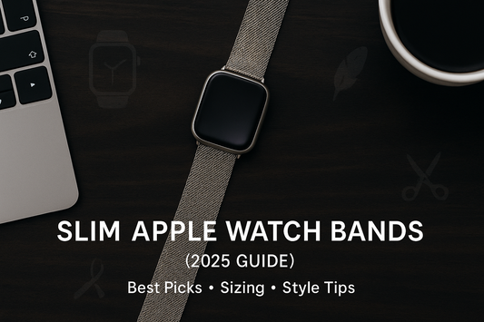 Hero banner for Slim Apple Watch Bands 2025 Guide featuring a flat-lay Apple Watch with a slim Milanese mesh band on a dark wooden desk beside a MacBook and coffee cup, with overlay text highlighting best picks, sizing, and style tips.