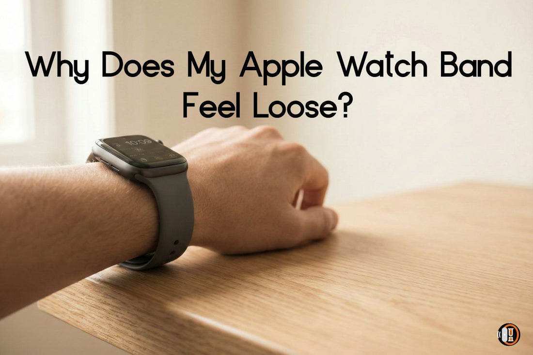 Apple Watch band feeling loose on wrist showing visible gap between charcoal silicone strap and skin in clean editorial lifestyle setting