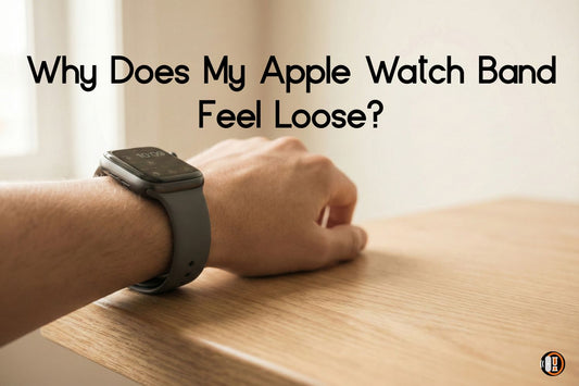 Apple Watch band feeling loose on wrist showing visible gap between charcoal silicone strap and skin in clean editorial lifestyle setting