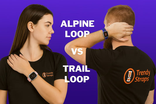 A woman showcasing the Alpine Loop and a man demonstrating the Trail Loop Apple Watch bands by Trendy Straps.