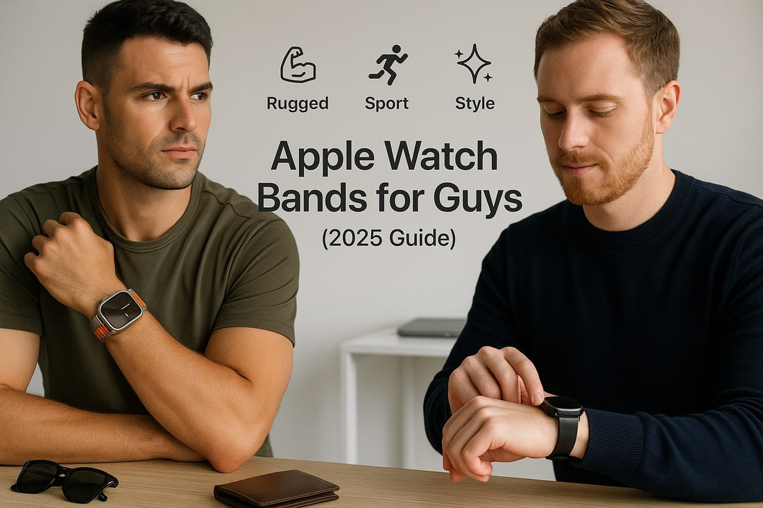 Hero banner showing men wearing rugged, leather, and sport Apple Watch bands for guys in 2025 with masculine lifestyle elements.