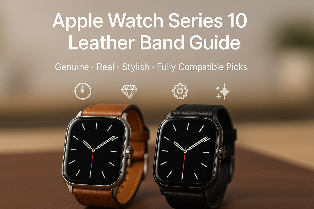 Hero banner showing Apple Watch Series 10 with genuine leather bands in brown and black tones, highlighting compatibility for 46 mm and 42 mm sizes, TrendyStraps 2025 Guide.