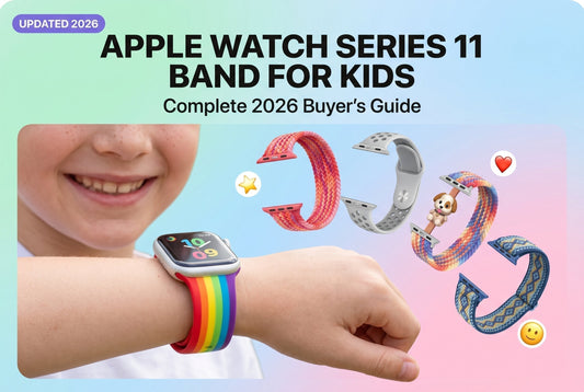 Apple Watch Series 11 band for kids 2026 buyer's guide hero image showing colorful kid-friendly bands on small wrist