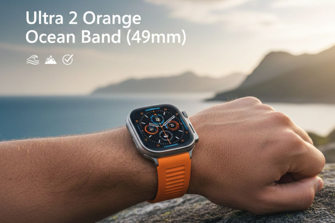 Apple Watch Ultra 2 49mm titanium wearing orange ocean band replacement strap in rugged outdoor lifestyle scene.