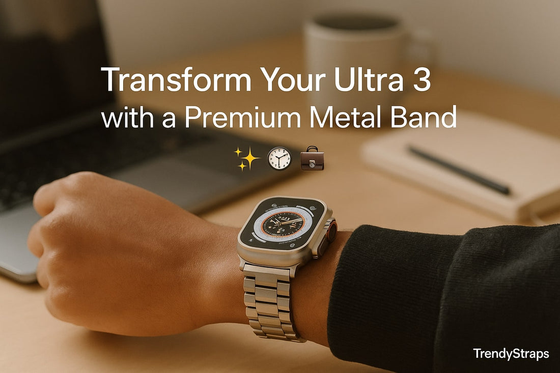 Apple Watch Ultra 3 with stainless steel metal band on wrist – luxury 49 mm strap for men and women hero banner.