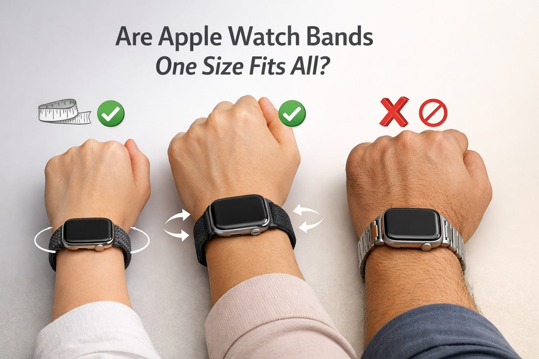 Are Apple Watch bands one size fits all? Hero image showing different wrist sizes wearing adjustable and fixed Apple Watch bands