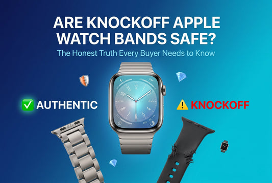 Are knockoff Apple Watch bands safe? Hyperrealistic comparison showing genuine vs counterfeit Apple Watch straps with warning indicators