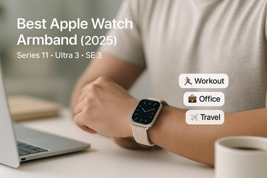 Hero showing best Apple Watch armband 2025 on-wrist with quick ‘Workout, Office, Travel’ callouts; Series 11 and Ultra 3 compatible.