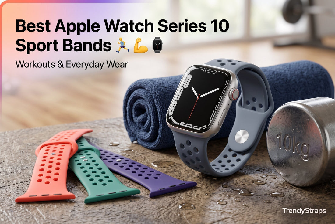 Apple Watch Series 10 wearing a silicone sport band beside coral, teal and violet workout bands — best Series 10 sport bands for workouts and everyday wear