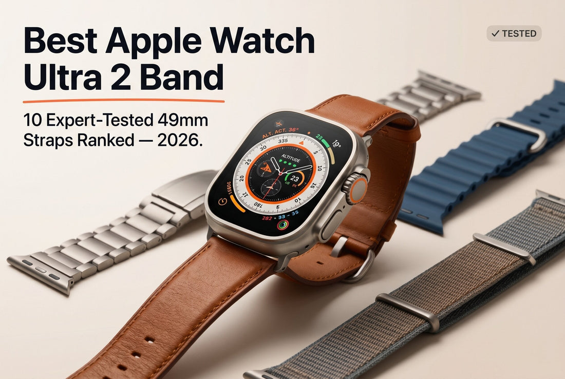 Best Apple Watch Ultra 2 band 2026 hero image showing premium 49mm titanium, leather, and silicone straps with the iconic Apple Watch Ultra 2