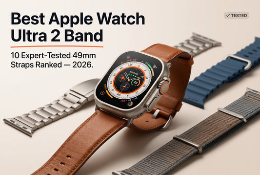 Best Apple Watch Ultra 2 band 2026 hero image showing premium 49mm titanium, leather, and silicone straps with the iconic Apple Watch Ultra 2