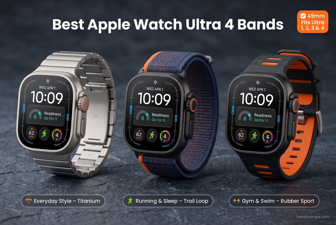 Apple Watch Ultra 4 in black and natural titanium shown with a titanium link bracelet, Trail Loop nylon band, and rubber sport band, comparing the best Ultra 4 bands for style, running, and gym