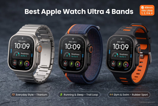 Apple Watch Ultra 4 in black and natural titanium shown with a titanium link bracelet, Trail Loop nylon band, and rubber sport band, comparing the best Ultra 4 bands for style, running, and gym